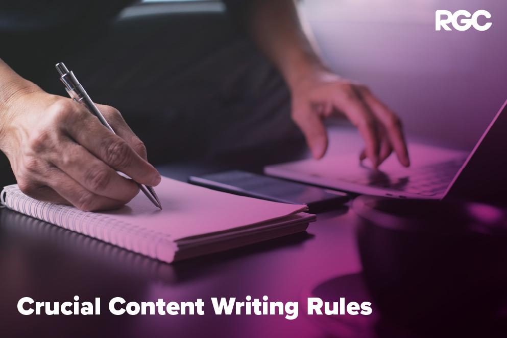 Featured Image of writer with overlay text about crucial content writing rules